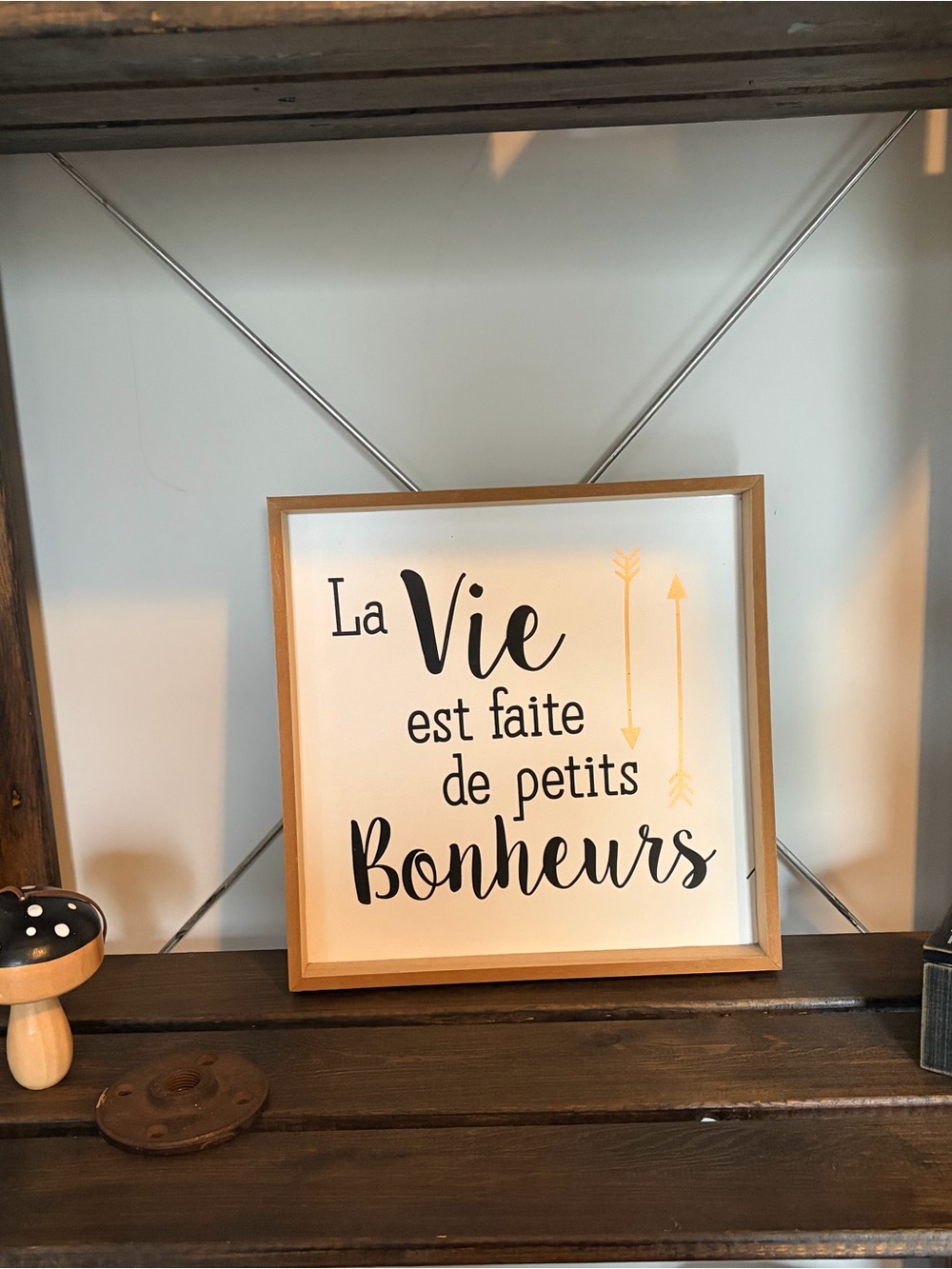 Framed 'La Vie est faite de petits Bonheurs' Wall Sign - Natural Wood